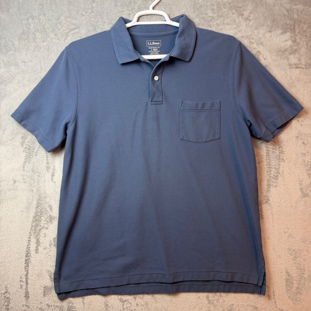 LL Bean Polo Shirt Mens L Blue Traditional Fit Cotton Pique Pocket 300457 Preppy